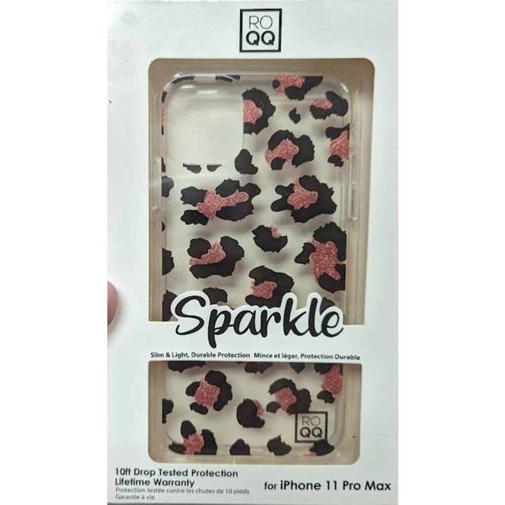 Roqq SPARKLE Clear Phone Case for iPhone 11 Pro Max Pink and Black Cheetah Print